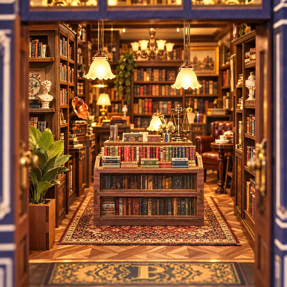 Détail des livres, lampes et boiseries de La Librairie de Notting Hill