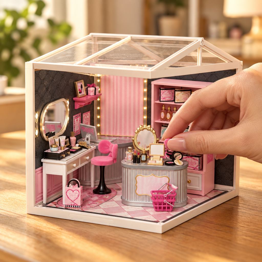 Une main place un petit meuble a l interieur de la maison miniature