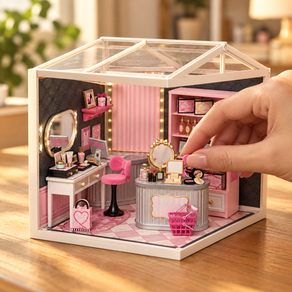 Une main place un petit meuble a l interieur de la maison miniature