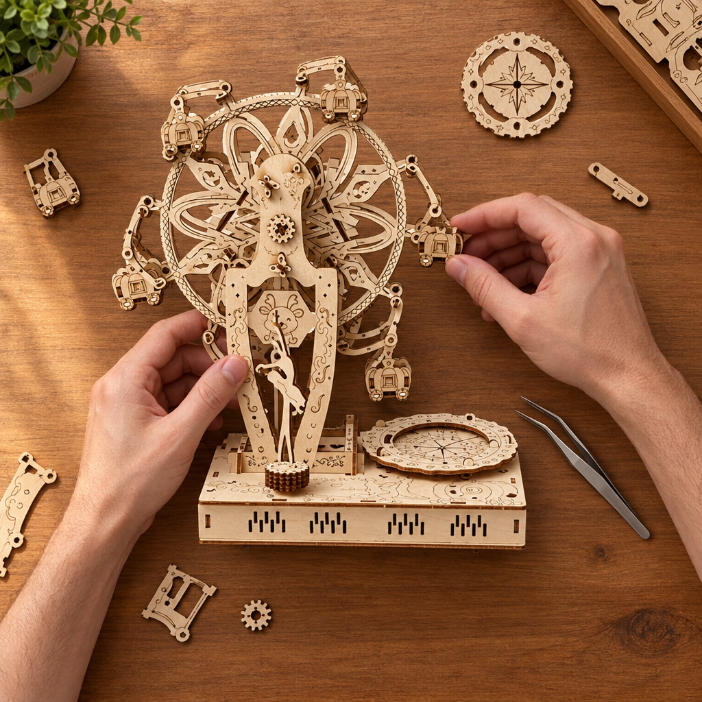 Montage vu du dessus : deux mains assemblent la roue en bois