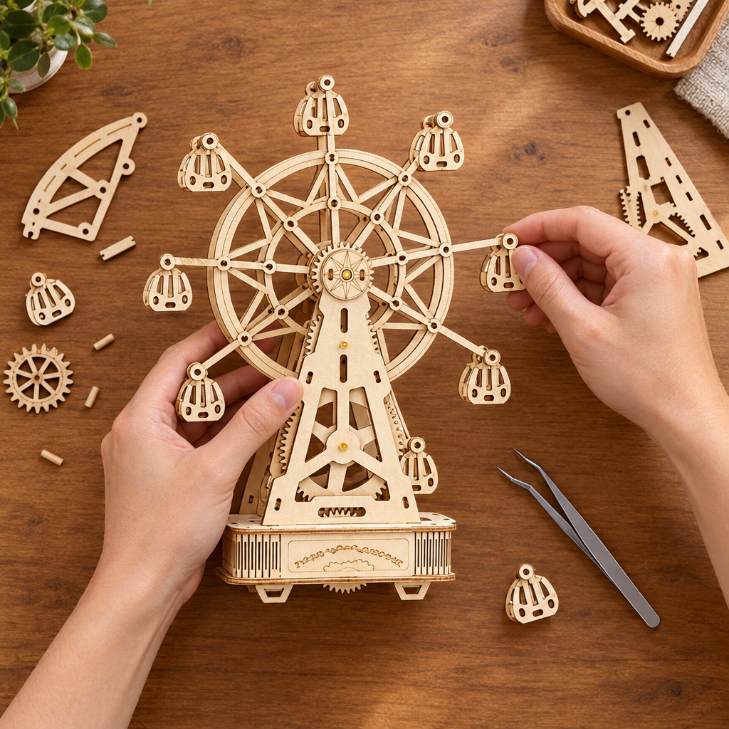 Montage vu du dessus : deux mains assemblent la roue en bois