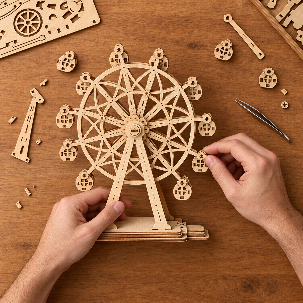 Montage vu du dessus : deux mains assemblent la roue en bois