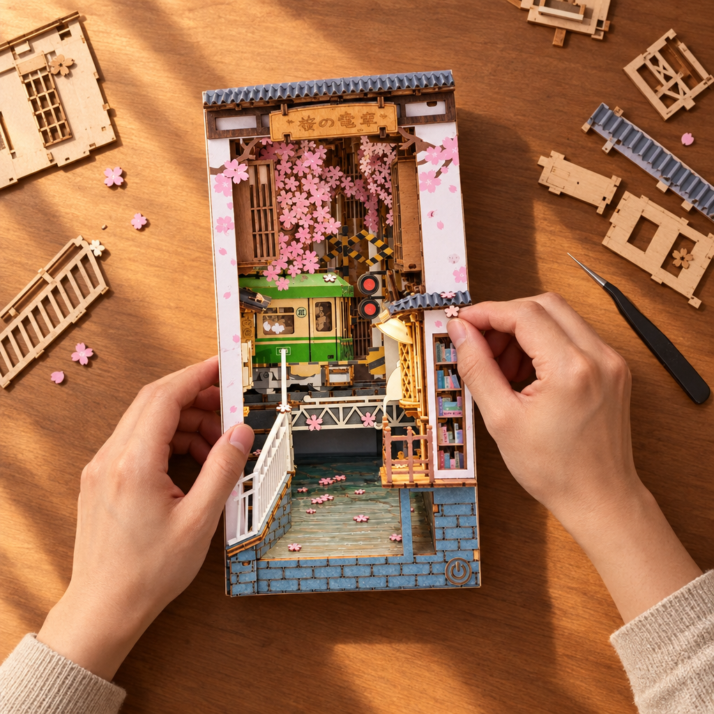 Montage vu du dessus : deux mains assemblent la scene miniature en bois