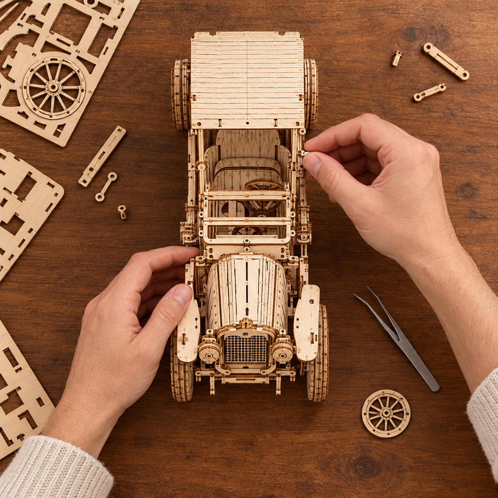 Montage vu du dessus : deux mains assemblent le chassis de la voiture en bois