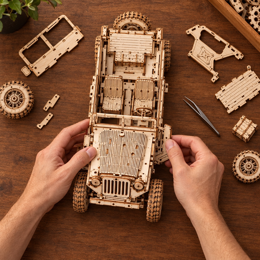 Montage vu du dessus : deux mains assemblent le chassis du vehicule en bois