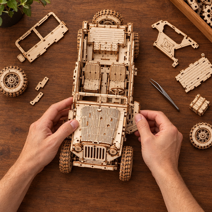 Montage vu du dessus : deux mains assemblent le chassis du vehicule en bois