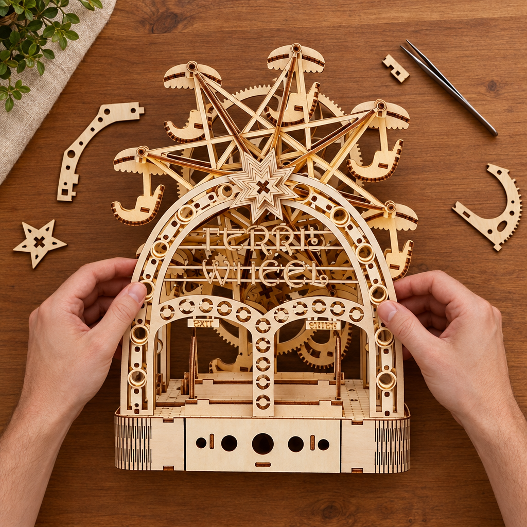 Montage vu du dessus : deux mains assemblent la roue en bois