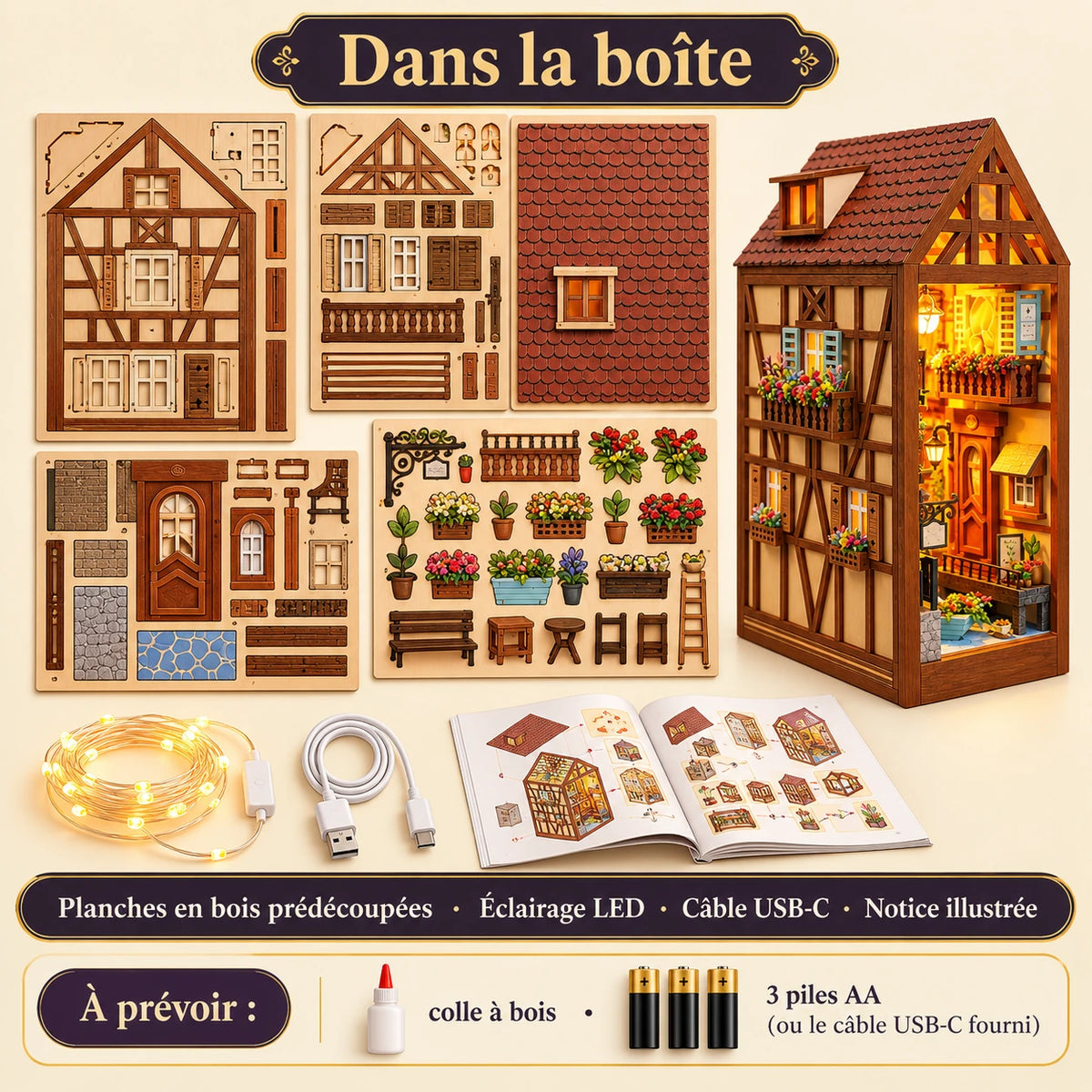 Contenu de la boîte de la Maison de Colmar avec bois prédécoupé, LED, câble USB-C et notice