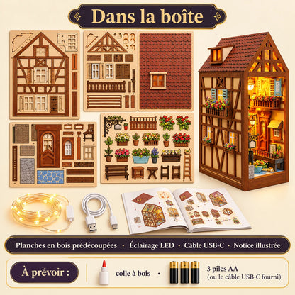 Contenu de la boîte de la Maison de Colmar avec bois prédécoupé, LED, câble USB-C et notice