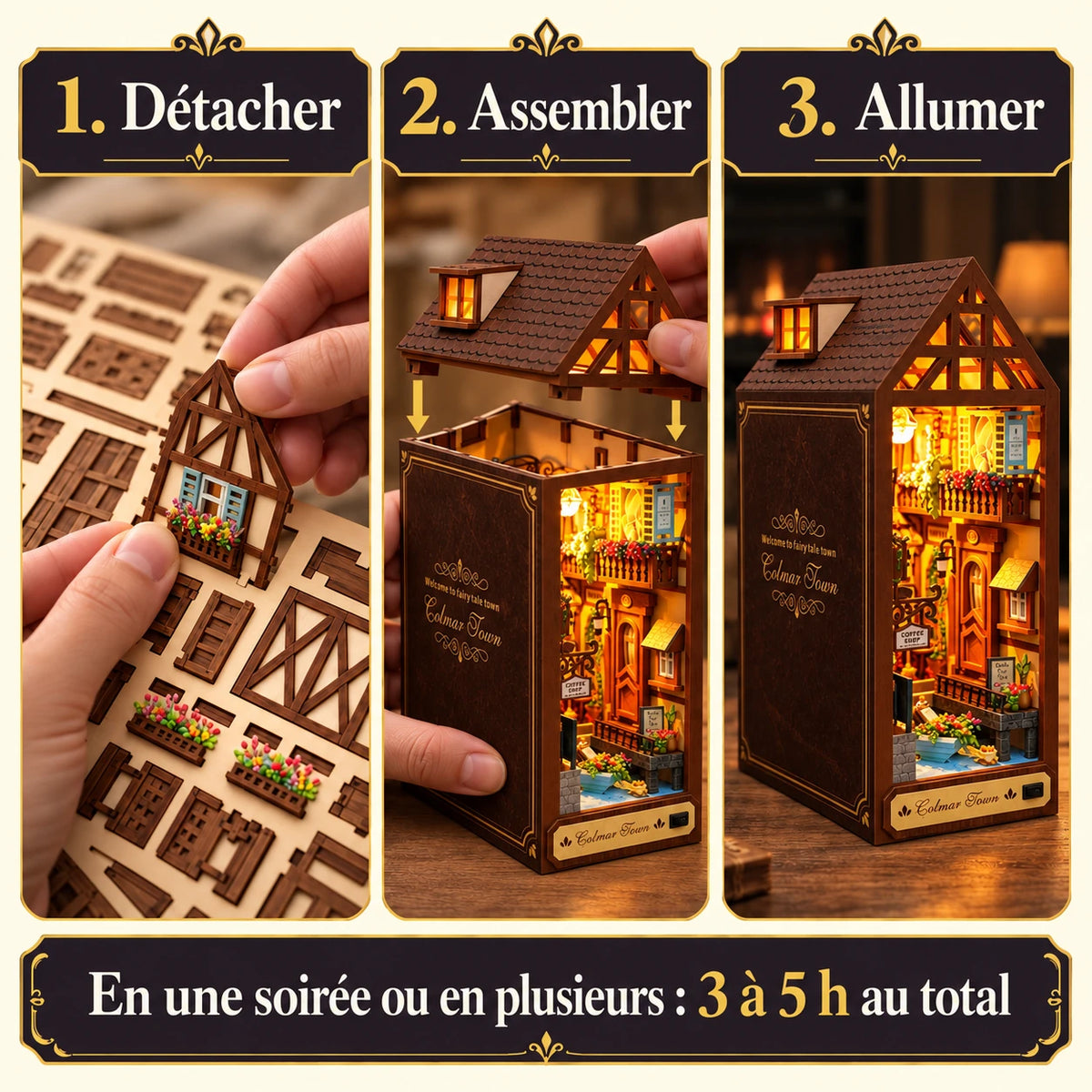 Trois étapes de montage de la Maison de Colmar : détacher, assembler et allumer