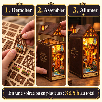 Trois étapes de montage de la Maison de Colmar : détacher, assembler et allumer