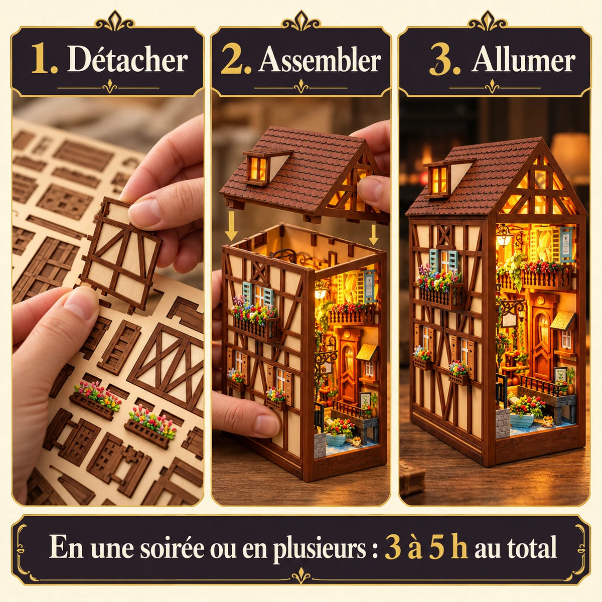 Trois étapes de montage de la Maison de Colmar : détacher, assembler et allumer