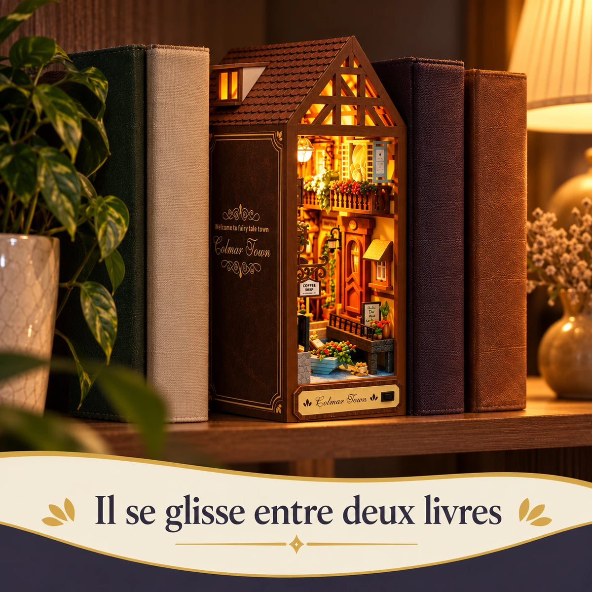 Maison de Colmar glissée entre deux livres pour montrer son échelle réelle