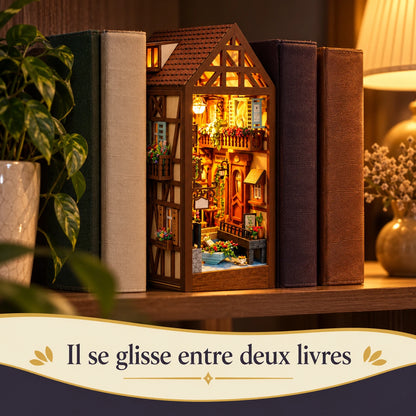 Maison de Colmar glissée entre deux livres pour montrer son échelle réelle