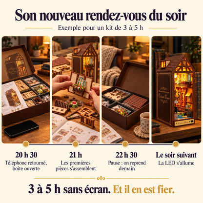 Frise de montage de la Maison de Colmar sur deux soirées, de la boîte à la LED allumée