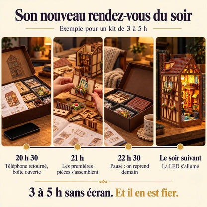 Frise de montage de la Maison de Colmar sur deux soirées, de la boîte à la LED allumée