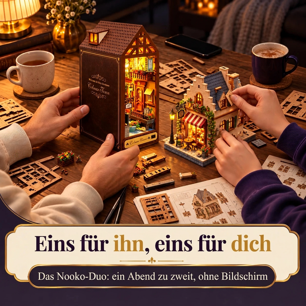 Zwei Personen bauen gemeinsam je einen Book Nook: das Nooko-Duo