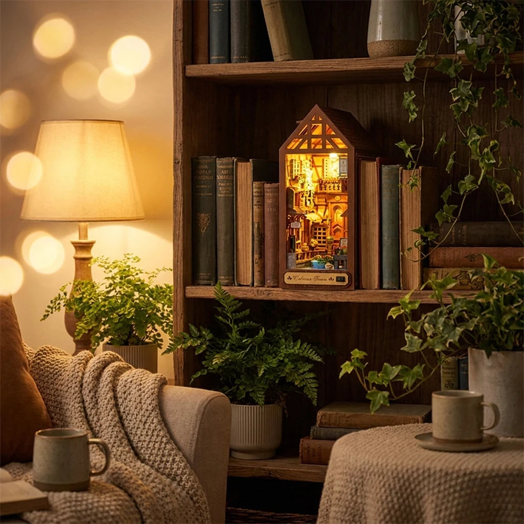 Book nook Maison de Colmar dans un salon cosy le soir, ambiance chaleureuse et plantes vertes