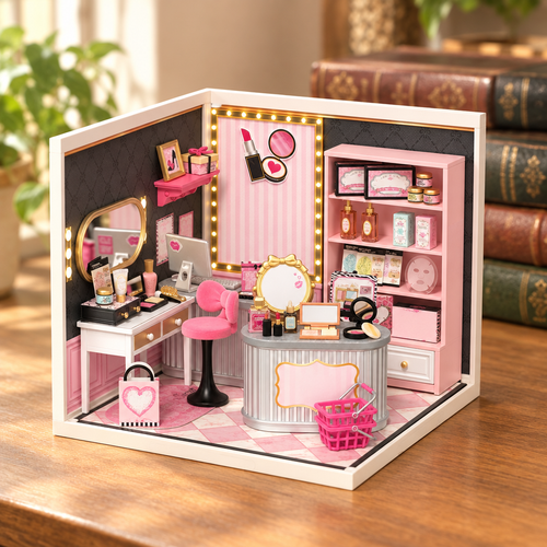 Maison miniature en bois assemblee, posee sur un bureau