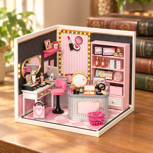 Maison miniature en bois assemblee, posee sur un bureau