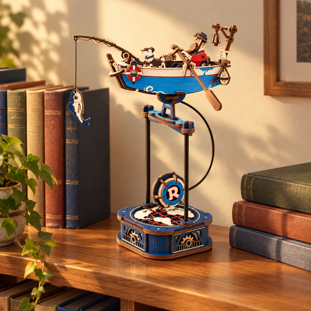 La maquette exposee sur une etagere de bibliotheque