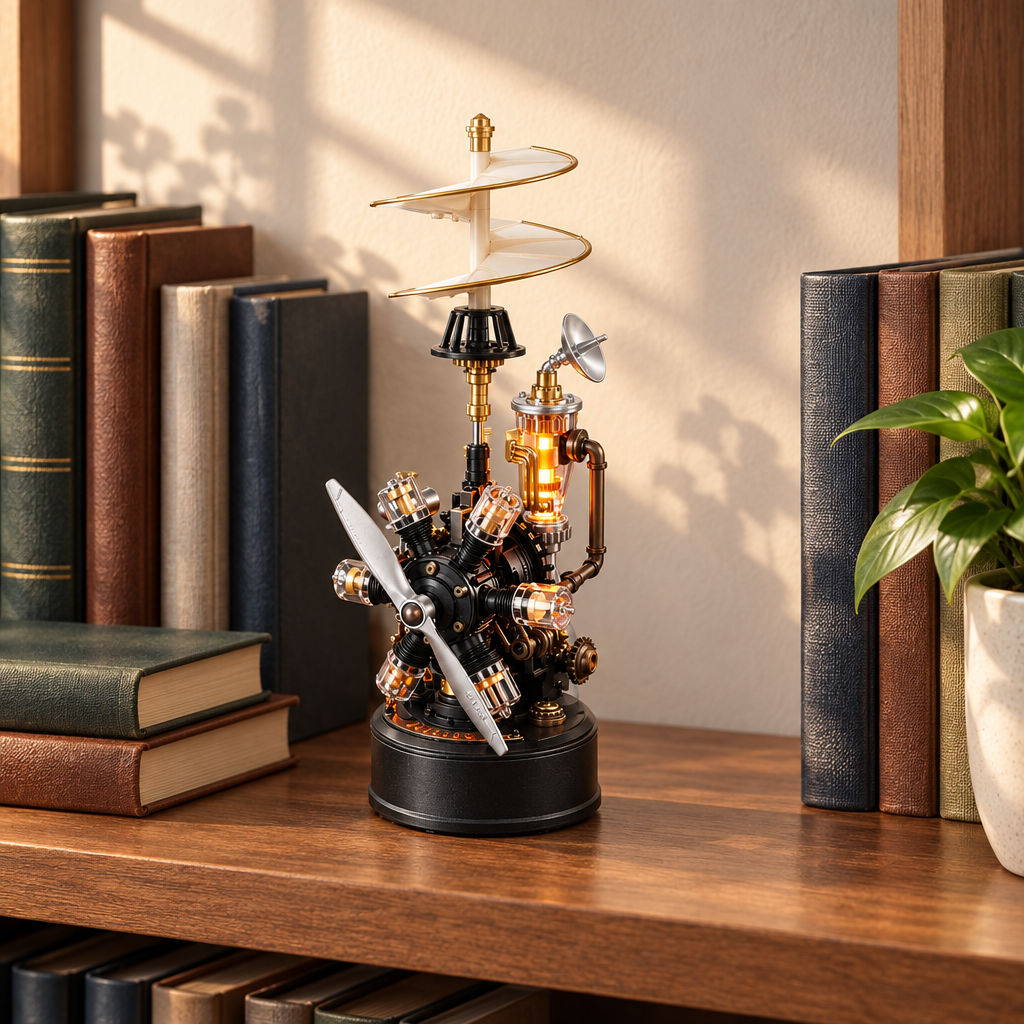 La maquette exposee sur une etagere de bibliotheque