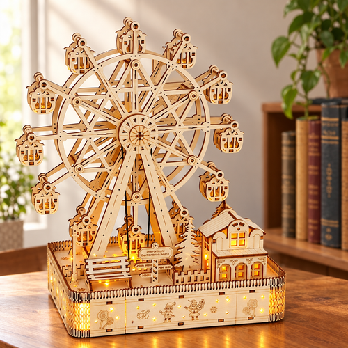 Maquette mecanique en bois de grande roue assemblee et allumee, posee sur un bureau