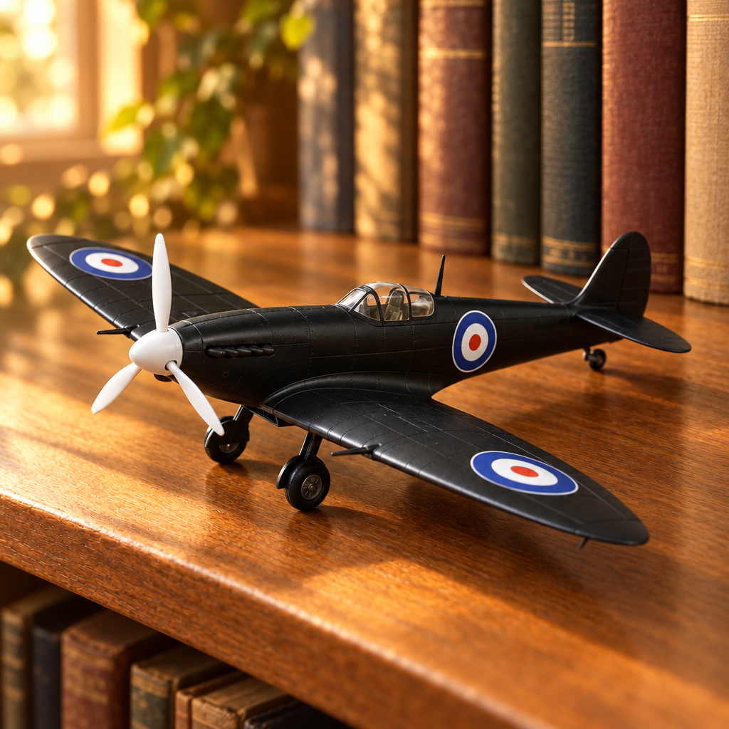 Maquette de Spitfire noir exposée dans une bibliothèque