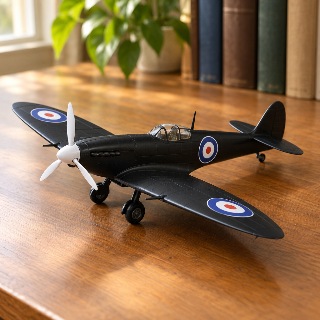 Maquette de Spitfire noir sur un bureau en bois