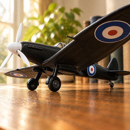 Maquette de Spitfire vue sous l’aile au ras du bureau