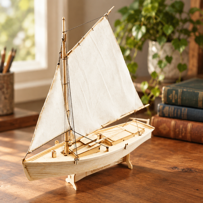 Maquette de voilier de peche en bois assemblee, posee sur un bureau