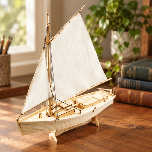 Maquette de voilier de peche en bois assemblee, posee sur un bureau
