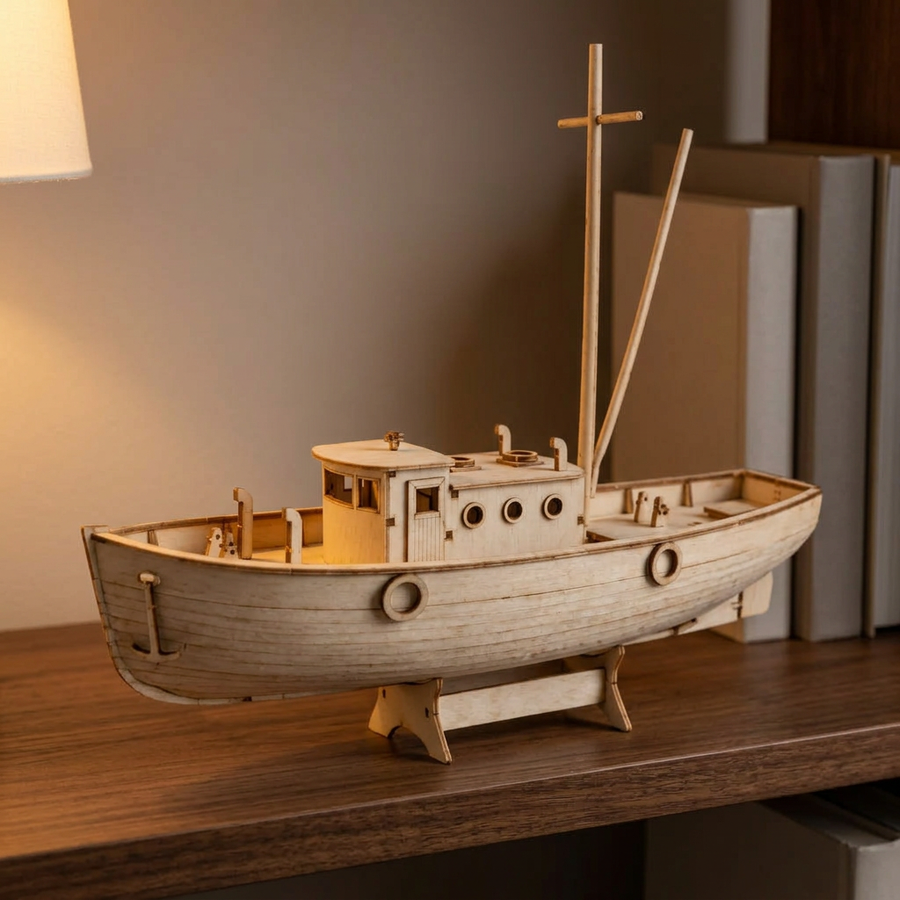 Schritt 3 beim Aufbau: Ausstellen – Modellschiff Bausatz aus Holz — Das Fischerboot Nax