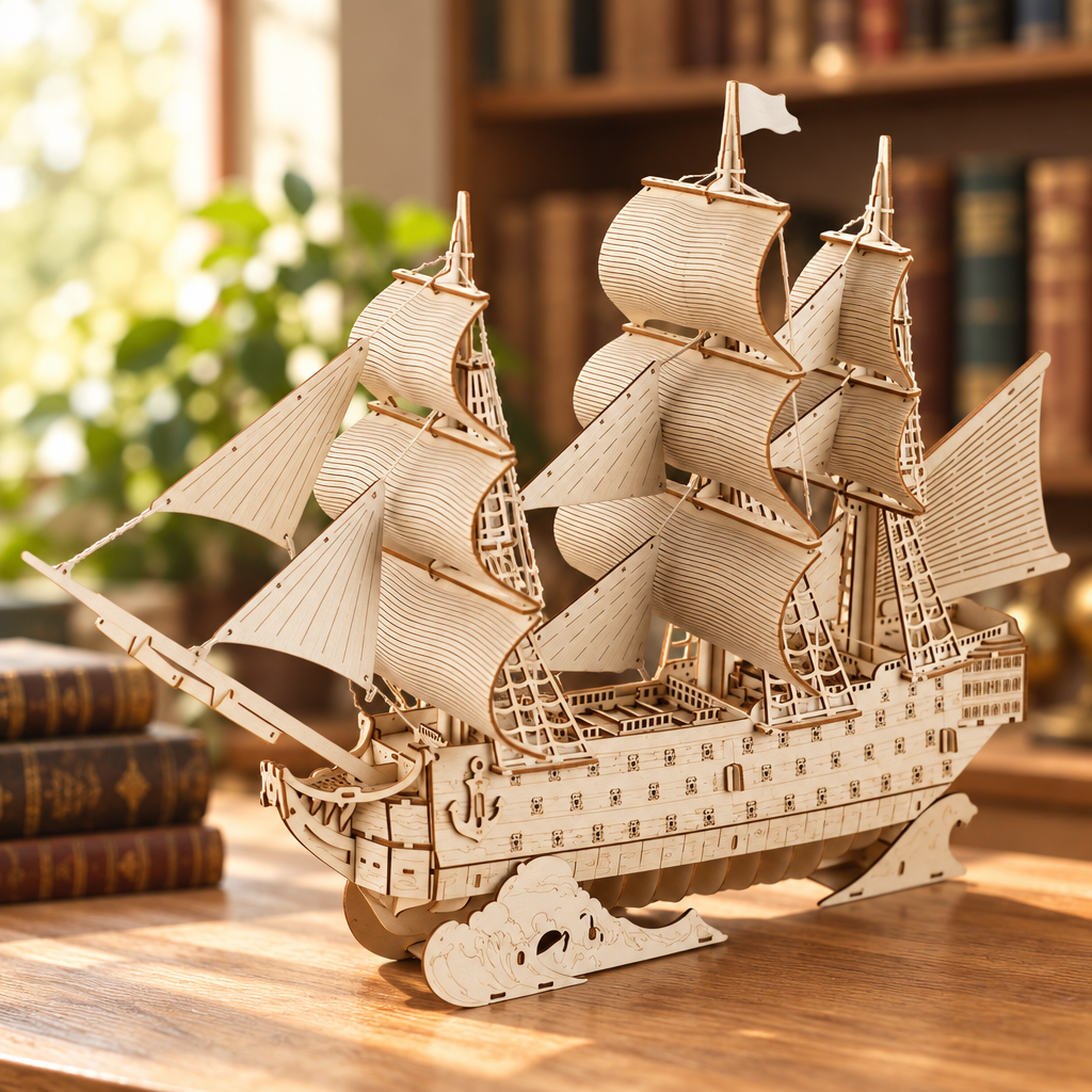 Maquette du Vaisseau Amiral sur un bureau en bois