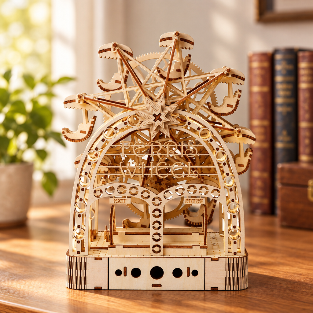 Maquette mecanique en bois de grande roue sous arche assemblee, posee sur un bureau