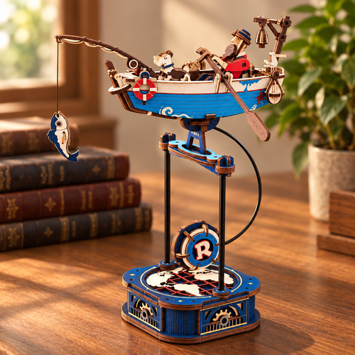 Maquette mecanique en bois a balancier assemblee, posee sur un bureau