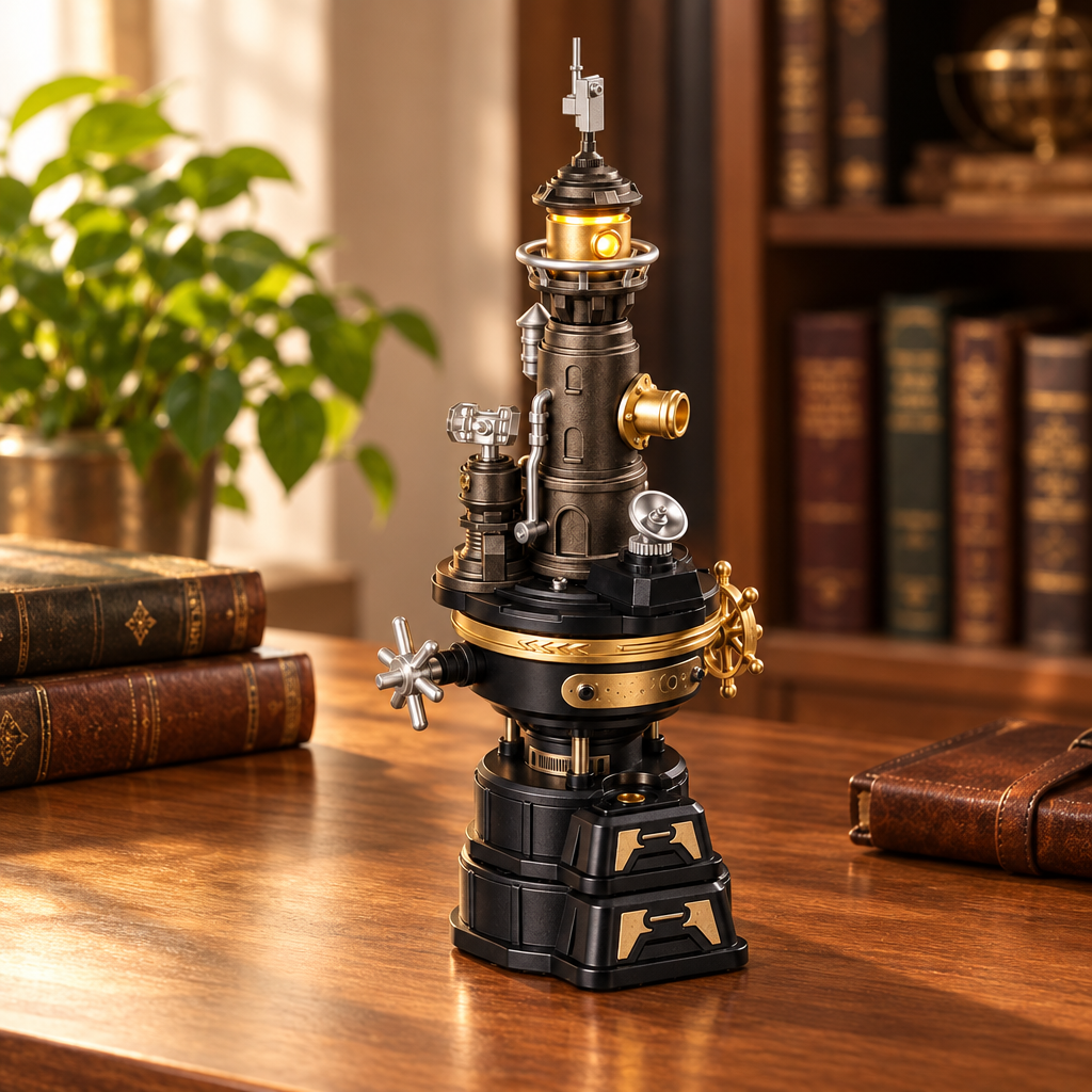 Maquette mecanique du phare industriel assemblee, posee sur un bureau
