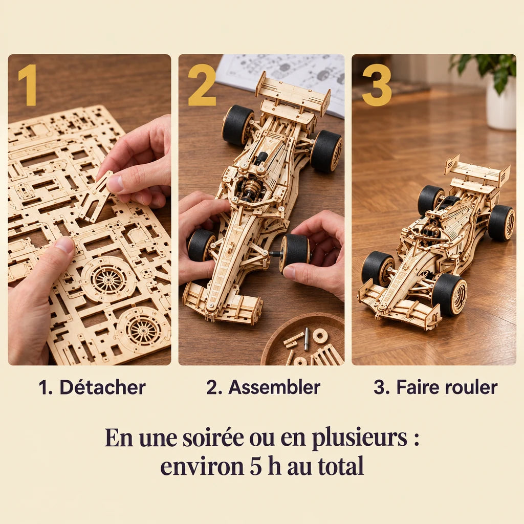 The three build steps of the Grand Prix Racer