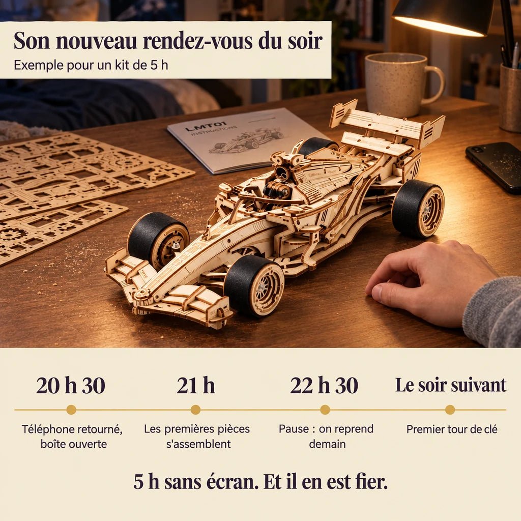 Timeline of an evening building the Grand Prix Racer, phone face down