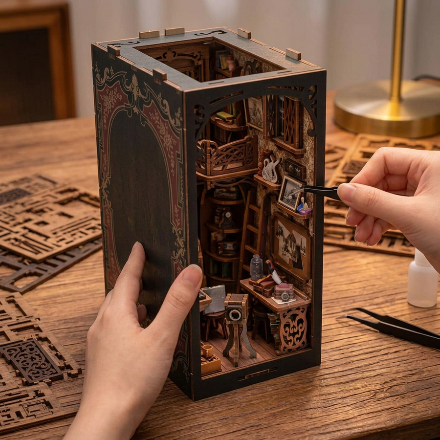 Fase 2 del montaggio: Assemblare – Book Nook Camera Oscura — Kit Fai da Te in Legno