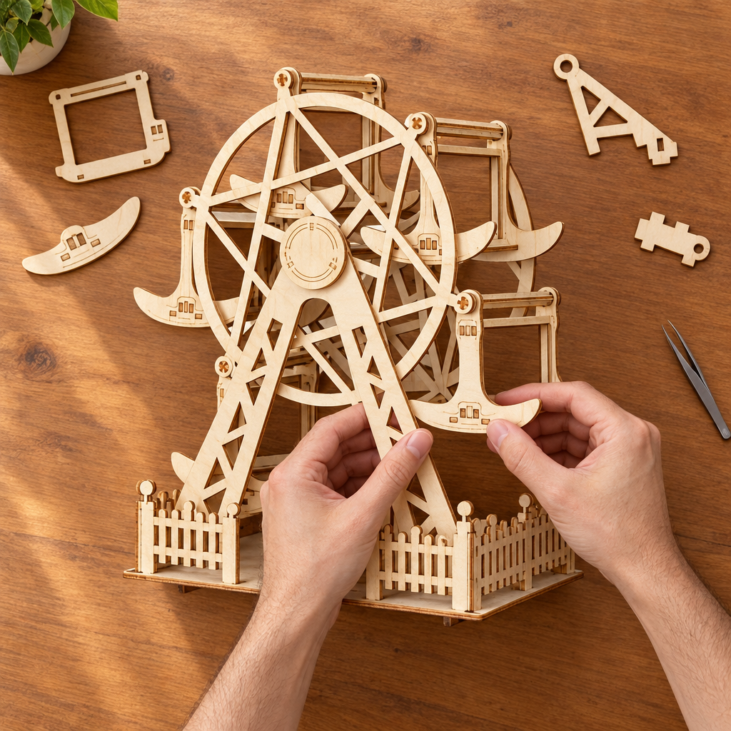 Montage vu du dessus : deux mains assemblent la roue en bois
