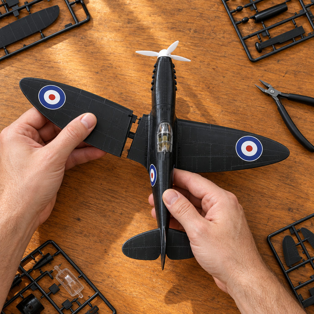 Montage de la maquette de Spitfire vu du dessus