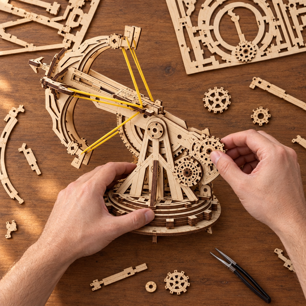 Montage vu du dessus : deux mains assemblent le bati de la maquette