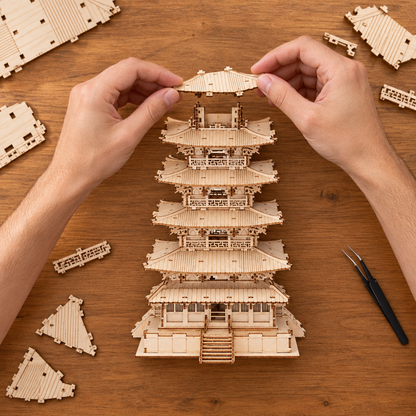 Montage vu du dessus : deux mains assemblent un etage de la pagode