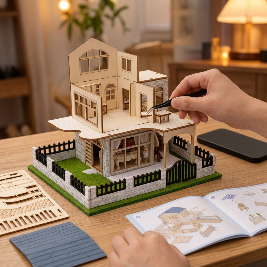 Schritt 2 beim Aufbau: Zusammenbauen – Miniaturhaus Bausatz mit LED — Die Villa an der Riviera
