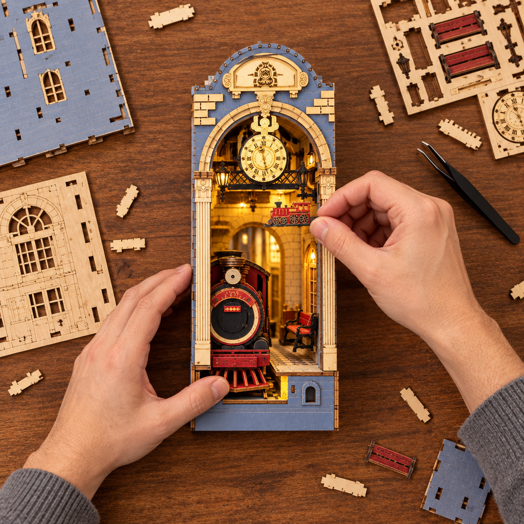Montage vu du dessus : deux mains assemblent la scene miniature en bois