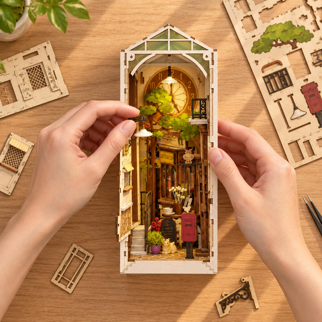 Montage vu du dessus : deux mains assemblent la scene miniature en bois
