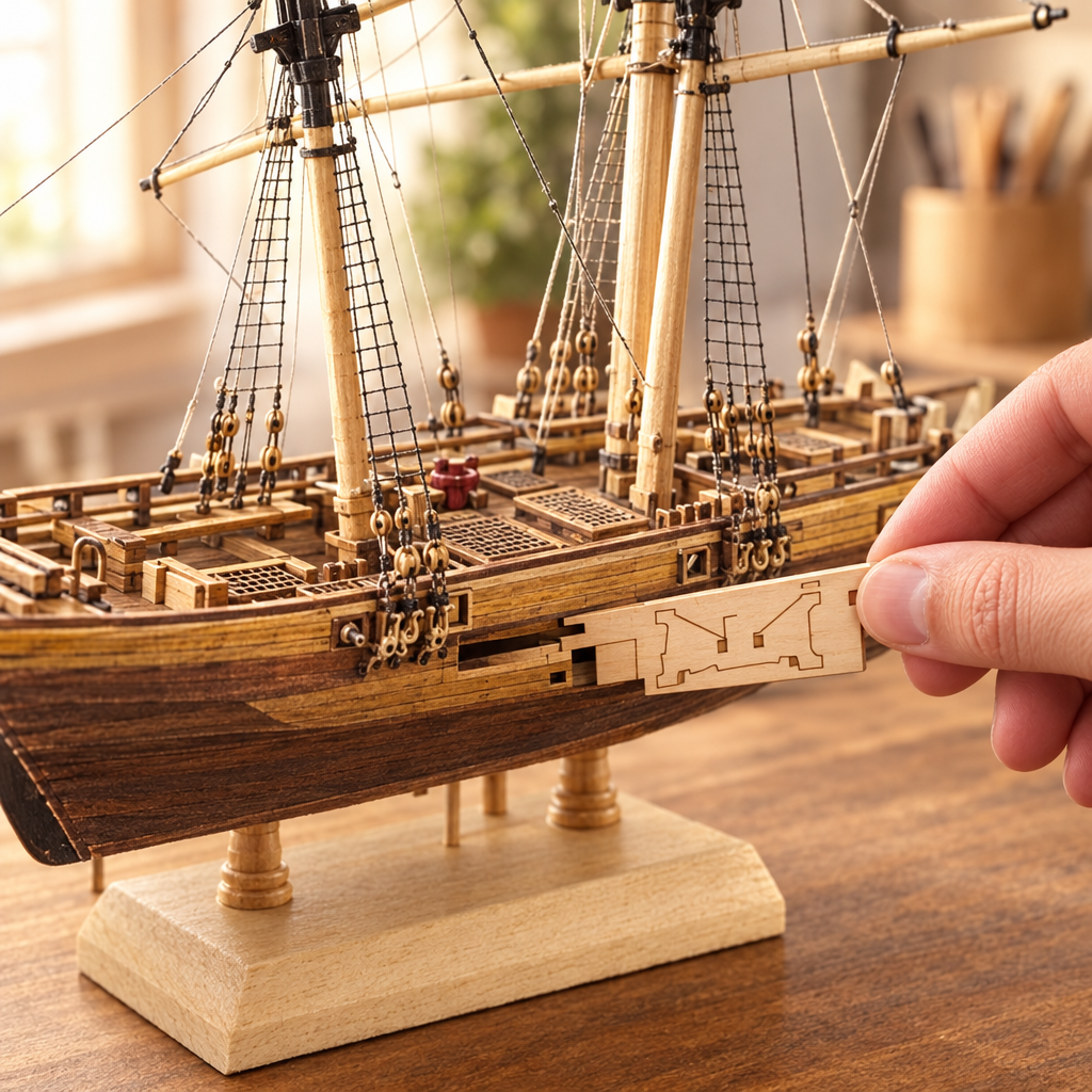 Une main place une piece de bois sur le voilier partiellement assemble