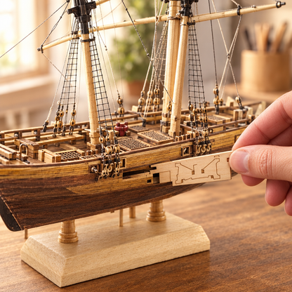 Une main place une piece de bois sur le voilier partiellement assemble