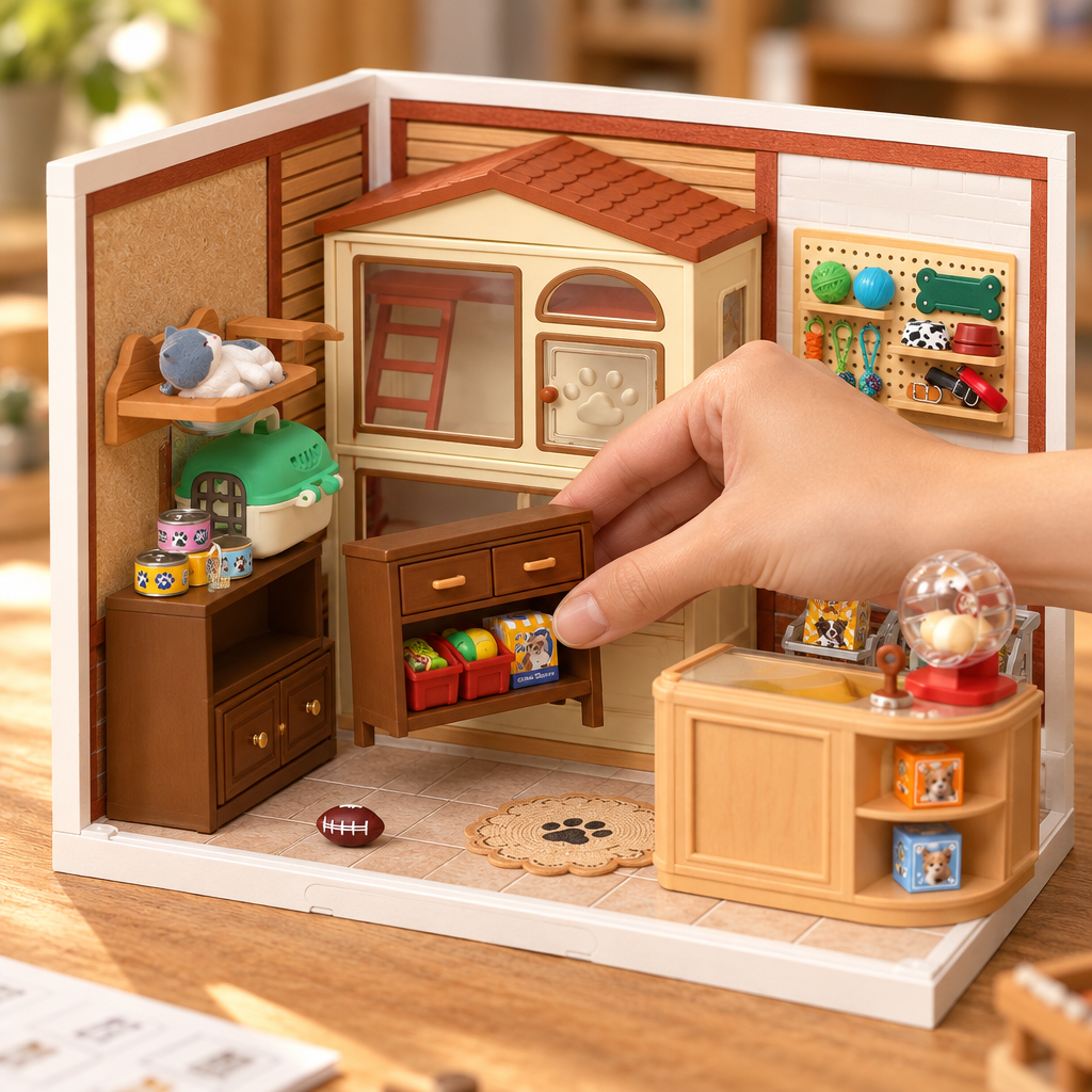 Une main place un petit meuble a l interieur de la maison miniature